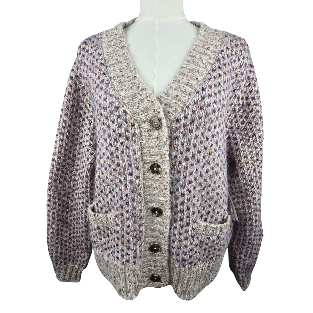CeCe Tuck Stitch Cardigan Womens L Cereal Chunky Knit Wool Eclectic Grandpa